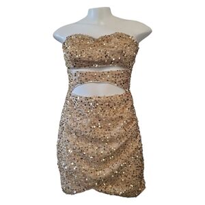 Gold sequined cocktail dress strapless cutout dazzling special occasion party